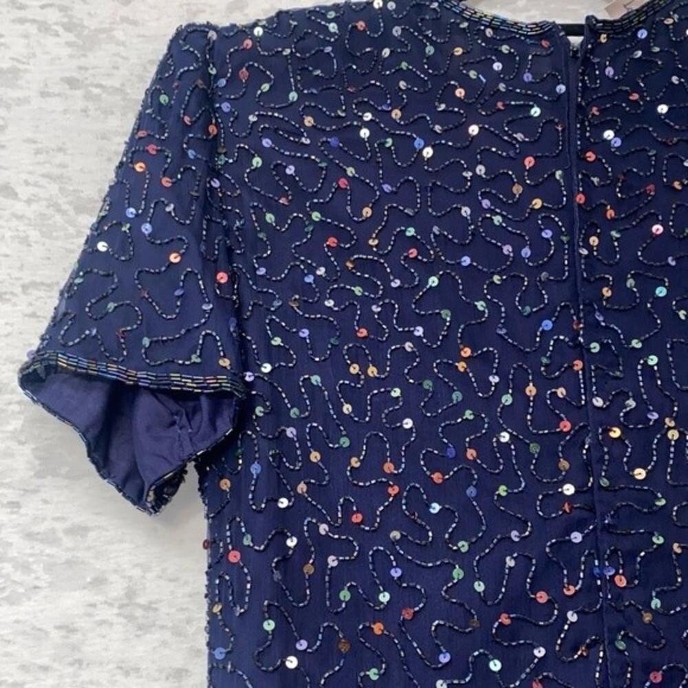 NWT Laurence Kazar Pure Silk Sequin Royal Navy Blue Cocktail Evening Dress SZ M - Picture 8 of 12
